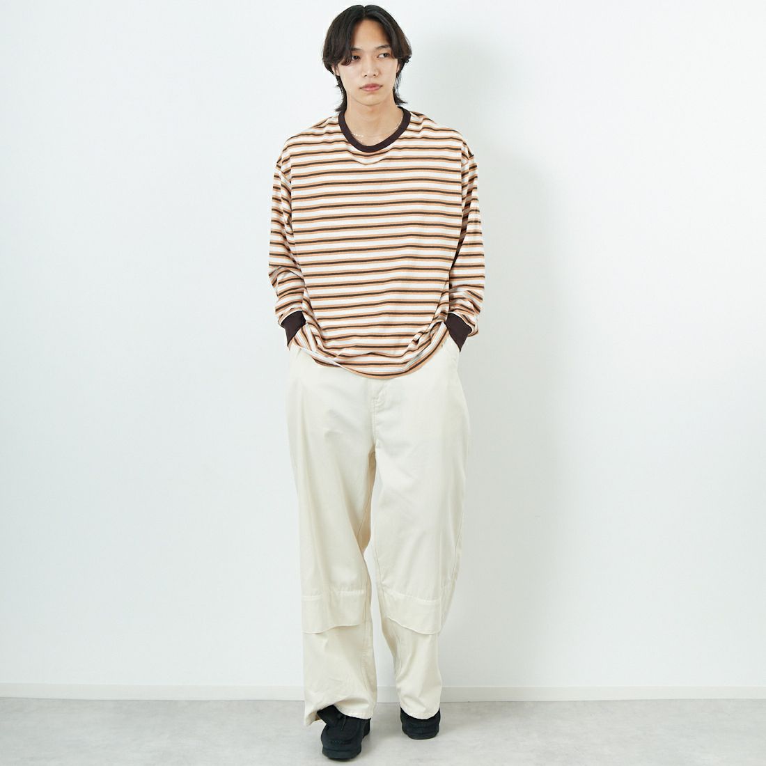 Name. [ネーム] ボーダーロングスリーブTシャツ [NMCU-044] BRN/ORANGE &&モデル身長：179cm 着用サイズ：0&&