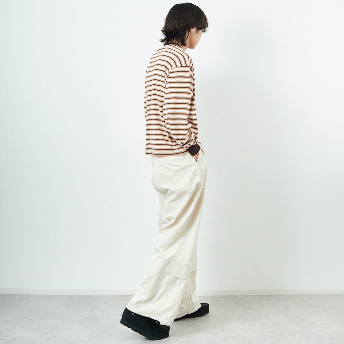 Name. [ネーム] ボーダーロングスリーブTシャツ [NMCU-044] BRN/ORANGE &&モデル身長：179cm 着用サイズ：0&&