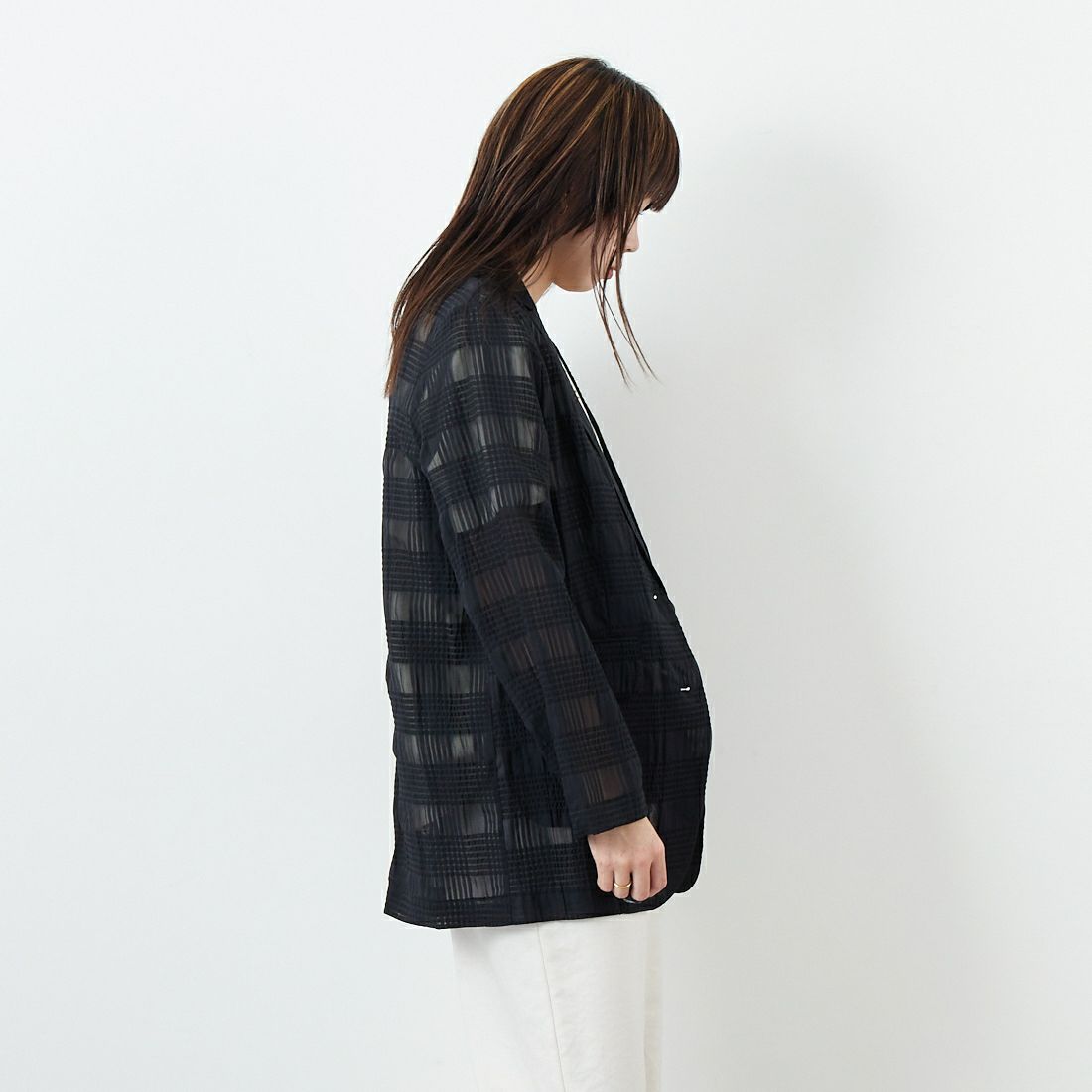 CLOCHE [クロシェ] シアーチェックジャケット [51085033] ﾌﾞﾗｯｸ &&モデル身長：167cm 着用サイズ：2&&