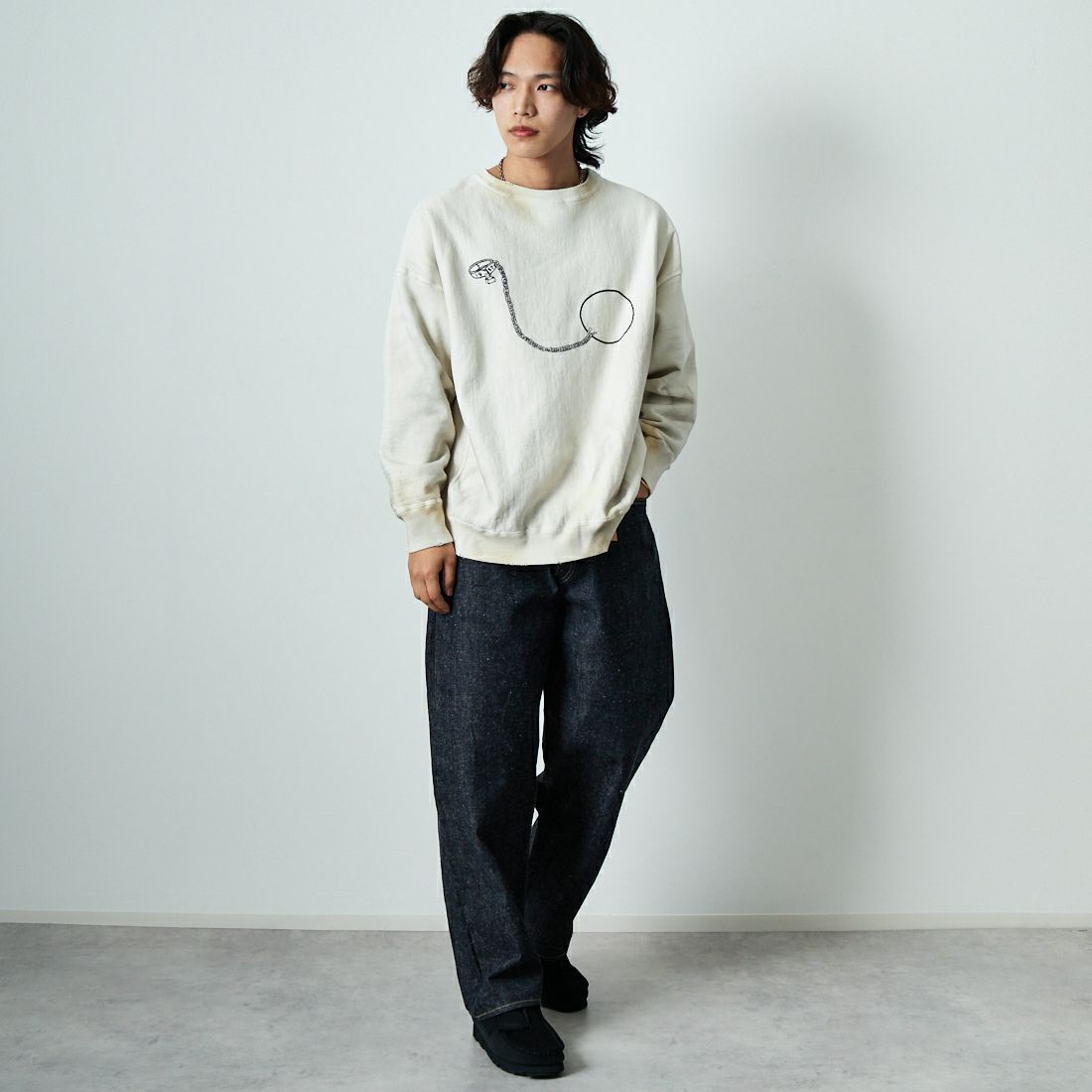 BOW WOW [バウワウ] BALL AND CHAIN ロングスリーブスウェット [BW251-BCSS] WHITE AGIN &&モデル身長：179cm 着用サイズ：XL&&