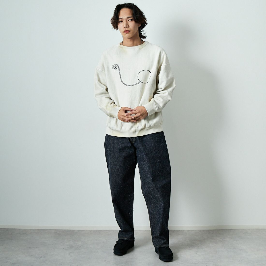 BOW WOW [バウワウ] BALL AND CHAIN ロングスリーブスウェット [BW251-BCSS] WHITE AGIN &&モデル身長：179cm 着用サイズ：XL&&