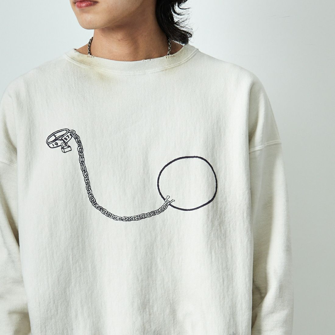BOW WOW [バウワウ] BALL AND CHAIN ロングスリーブスウェット [BW251-BCSS] WHITE AGIN &&モデル身長：179cm 着用サイズ：XL&&