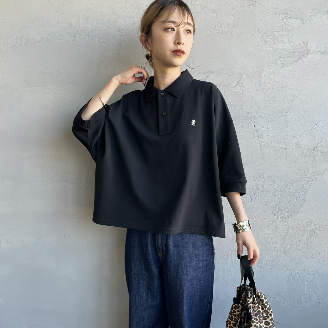 Gymphlex [ジムフレックス] ポロカラー ドルマンスリーブ プルオーバー [GY-C0447QSK] BLACK &&モデル身長：150cm 着用サイズ：14&&