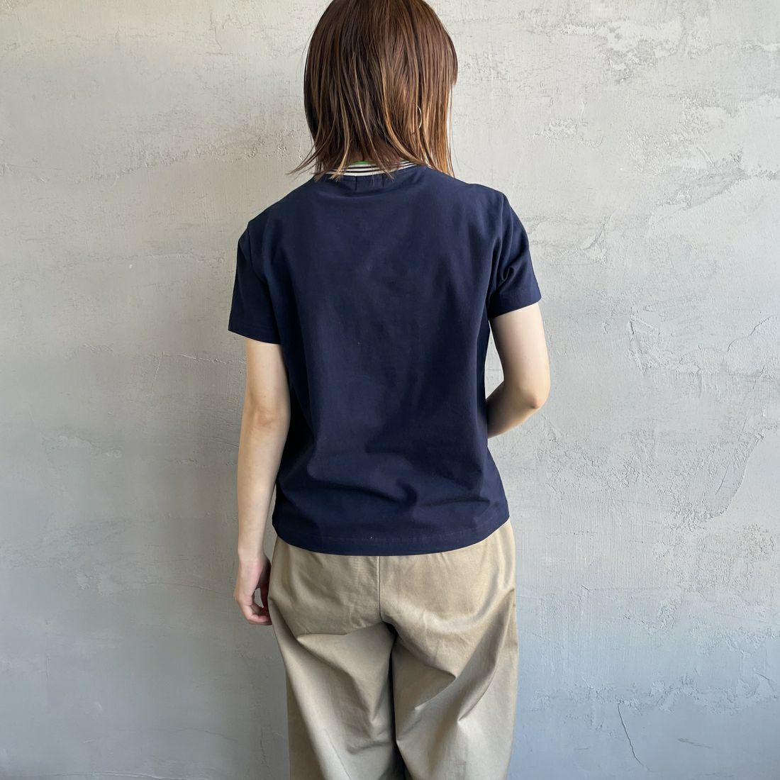 Gymphlex [ジムフレックス] クルーネック ニットライン Tシャツ [GY-C0448CCB] NAVY/BEIGE &&モデル身長：158cm 着用サイズ：14&&
