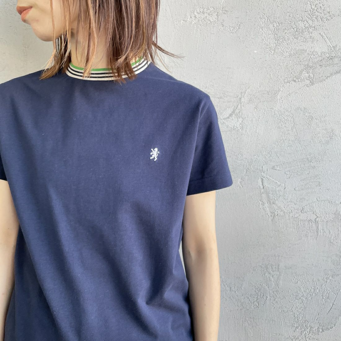 Gymphlex [ジムフレックス] クルーネック ニットライン Tシャツ [GY-C0448CCB] NAVY/BEIGE &&モデル身長：158cm 着用サイズ：14&&