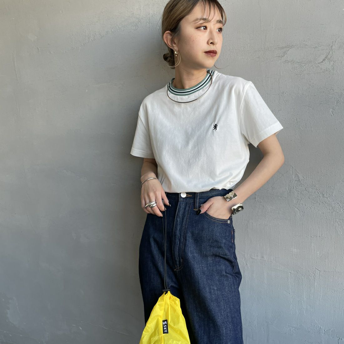 Gymphlex [ジムフレックス] クルーネック ニットライン Tシャツ [GY-C0448CCB] WHITE/GREE &&モデル身長：150cm 着用サイズ：14&&