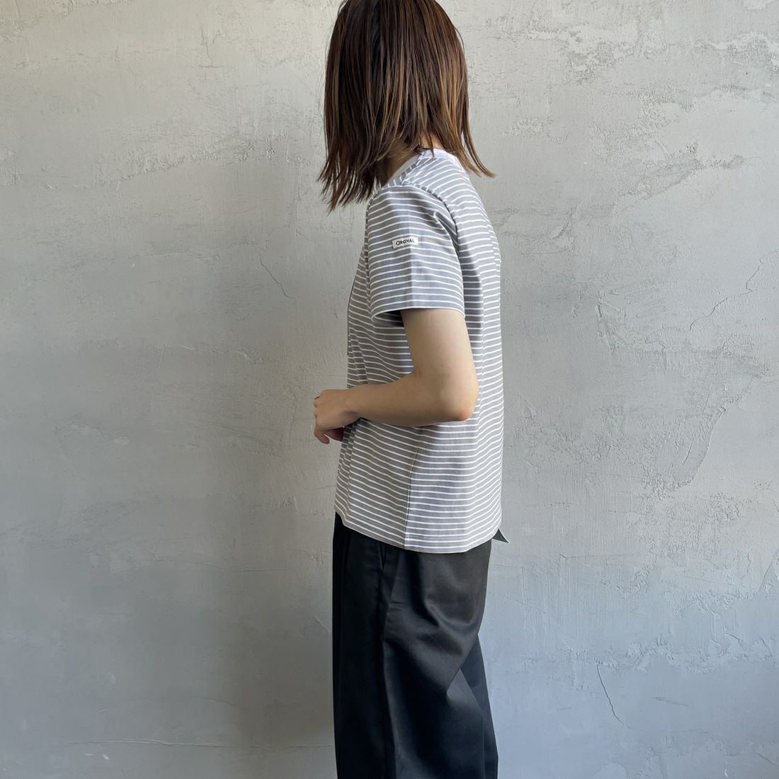 ORCIVAL [オーシバル] クルーネックボーダーTシャツ [OR-C0415CCF] GRAY/WHITE &&モデル身長：158cm 着用サイズ：2&&