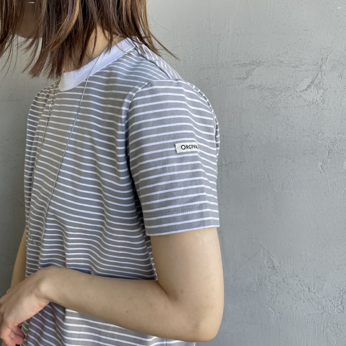 ORCIVAL [オーシバル] クルーネックボーダーTシャツ [OR-C0415CCF] GRAY/WHITE &&モデル身長：158cm 着用サイズ：2&&