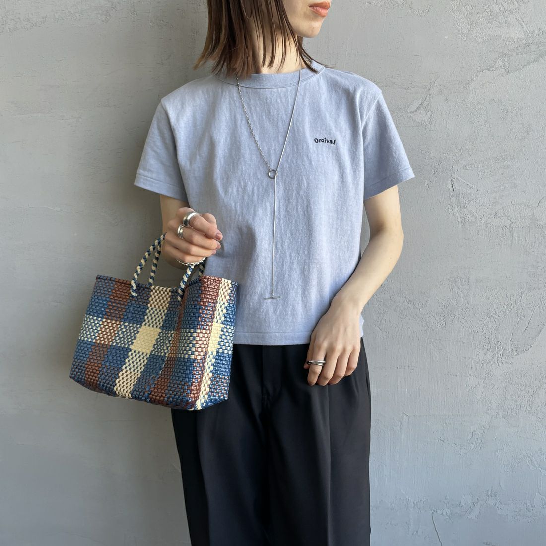 ORCIVAL [オーシバル] ロゴ刺繍ショートスリーブTシャツ [OR-C0418MIT] SAX &&モデル身長：158cm 着用サイズ：2&&