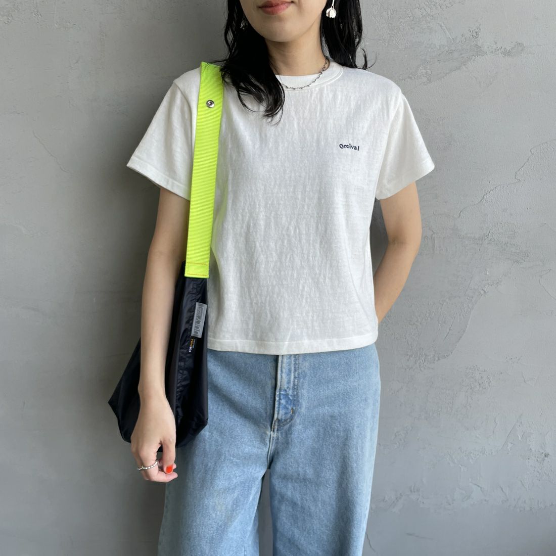 ORCIVAL [オーシバル] ロゴ刺繍ショートスリーブTシャツ [OR-C0418MIT] OFF WHITE &&モデル身長：160cm 着用サイズ：2&&