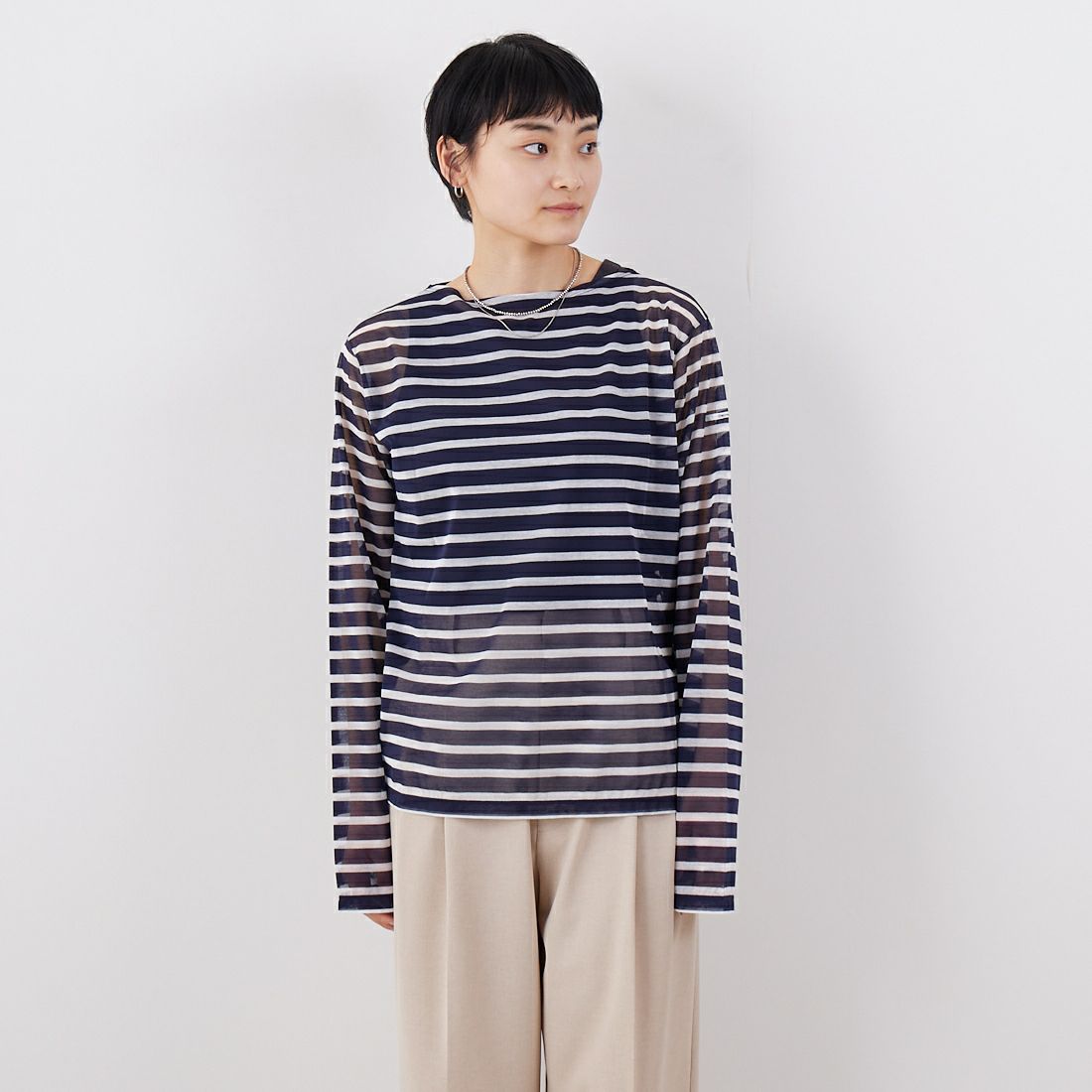 ORCIVAL [オーシバル] シースルーボートネックボーダーカットソー [OR-C0461STJ] NAVY/OFF W &&モデル身長：160cm 着用サイズ：2&&