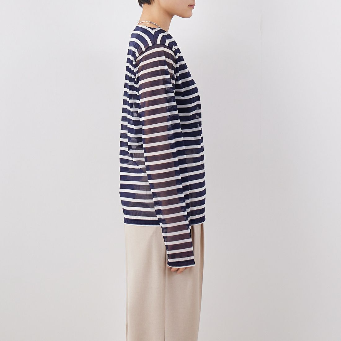 ORCIVAL [オーシバル] シースルーボートネックボーダーカットソー [OR-C0461STJ] NAVY/OFF W &&モデル身長：160cm 着用サイズ：2&&