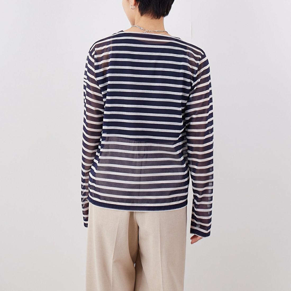 ORCIVAL [オーシバル] シースルーボートネックボーダーカットソー [OR-C0461STJ] NAVY/OFF W &&モデル身長：160cm 着用サイズ：2&&