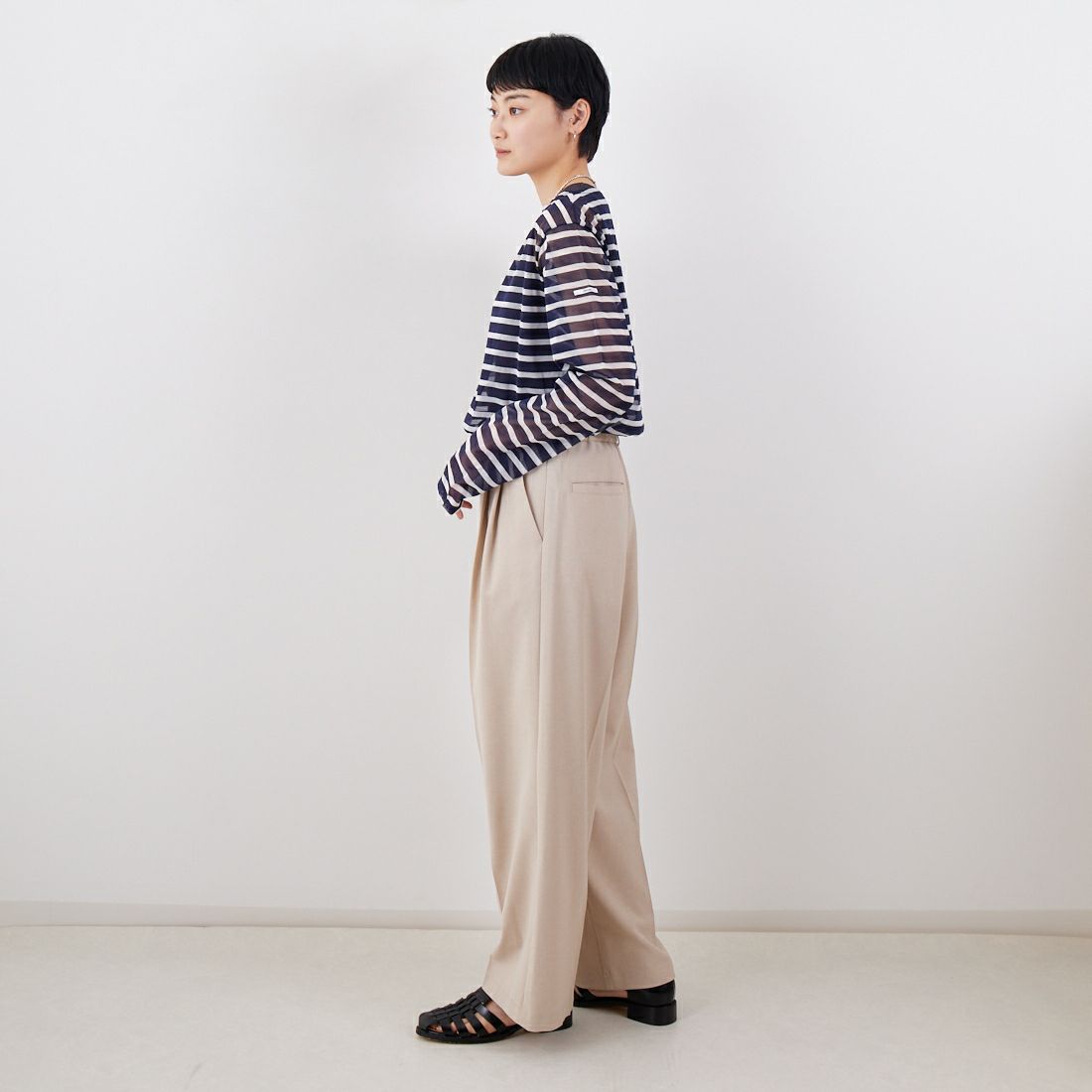 ORCIVAL [オーシバル] シースルーボートネックボーダーカットソー [OR-C0461STJ] NAVY/OFF W &&モデル身長：160cm 着用サイズ：2&&