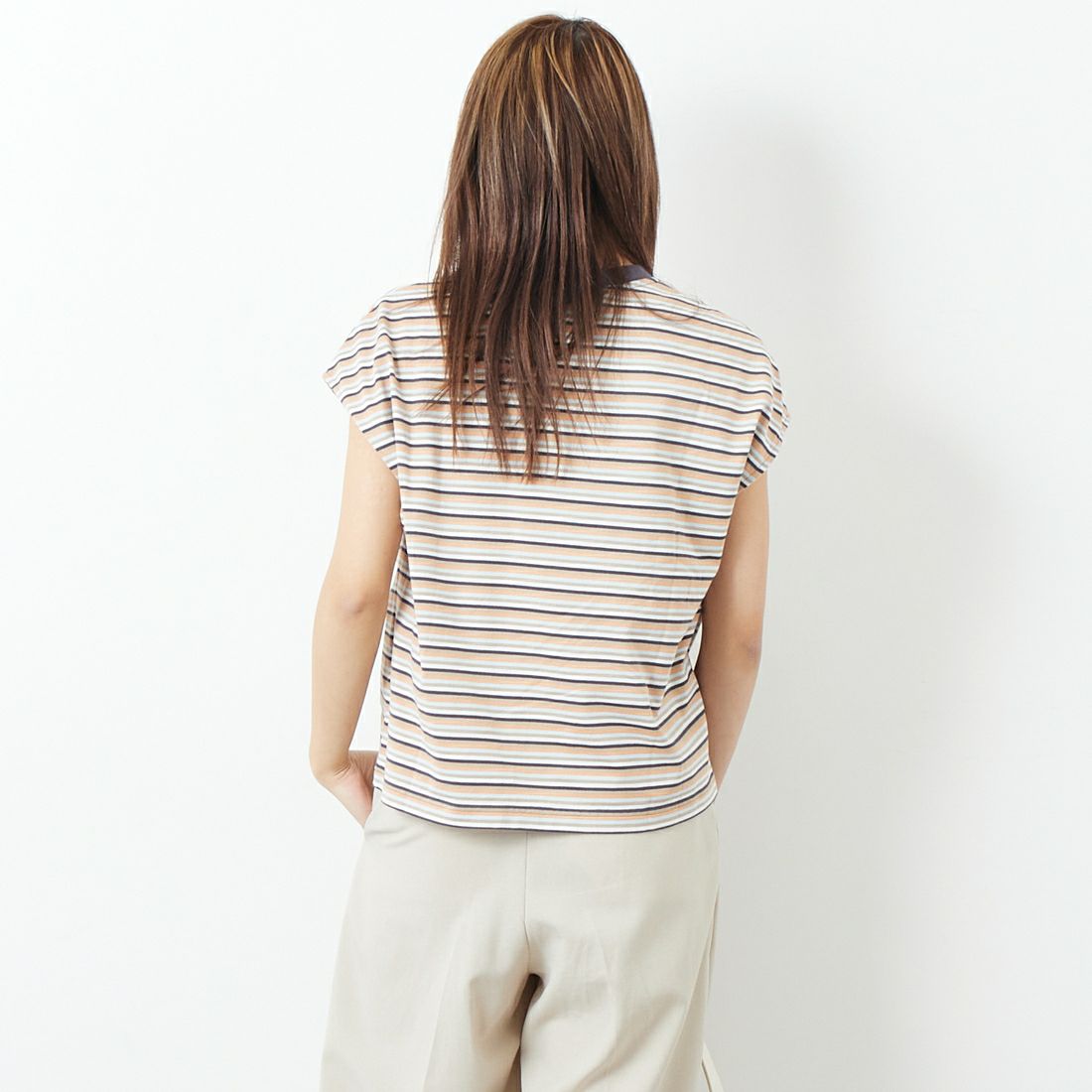 Gymphlex [ジムフレックス] スリーブレスTシャツ [GY-C0445MST] BEIGE STRI &&モデル身長：167cm 着用サイズ：14&&