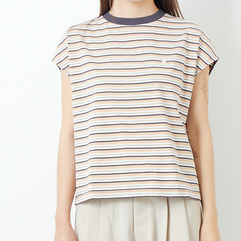 Gymphlex [ジムフレックス] スリーブレスTシャツ [GY-C0445MST] BEIGE STRI &&モデル身長：167cm 着用サイズ：14&&