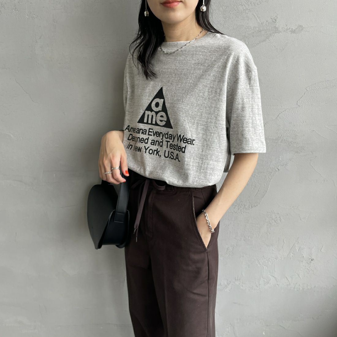 Americana [アメリカーナ] ラフィー丸胴 プリントT [BRF-750A-1] ﾓｸｸﾞﾚｰ &&モデル身長：160cm 着用サイズ：ONE SIZE&&