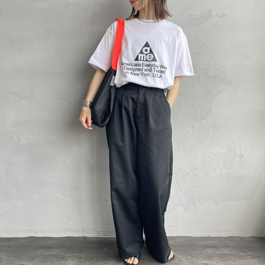 Americana [アメリカーナ] ラフィー丸胴 プリントT [BRF-750A-1] ﾎﾜｲﾄ &&モデル身長：158cm 着用サイズ：ONE SIZE&&