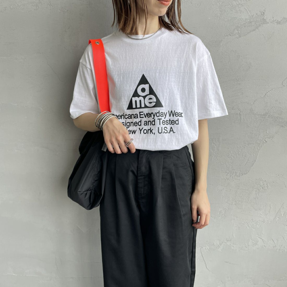 Americana [アメリカーナ] ラフィー丸胴 プリントT [BRF-750A-1] ﾎﾜｲﾄ &&モデル身長：158cm 着用サイズ：ONE SIZE&&
