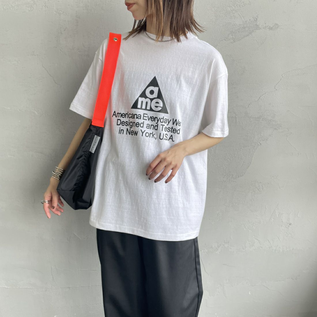 Americana [アメリカーナ] ラフィー丸胴 プリントT [BRF-750A-1] ﾎﾜｲﾄ &&モデル身長：158cm 着用サイズ：ONE SIZE&&