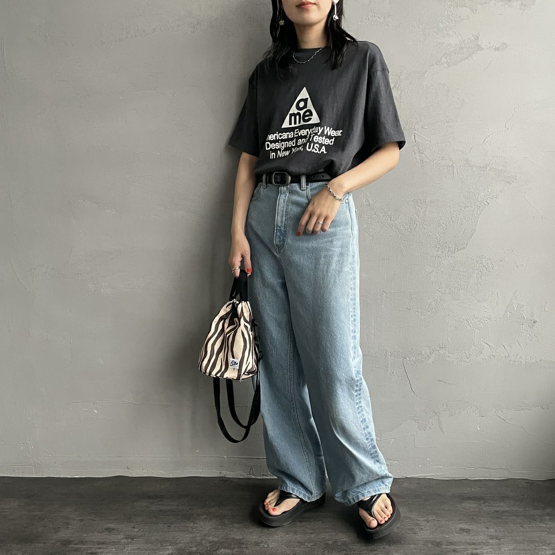 Americana [アメリカーナ] ラフィー丸胴 プリントT [BRF-750A-1] ｽﾐｸﾛ &&モデル身長：160cm 着用サイズ：ONE SIZE&&