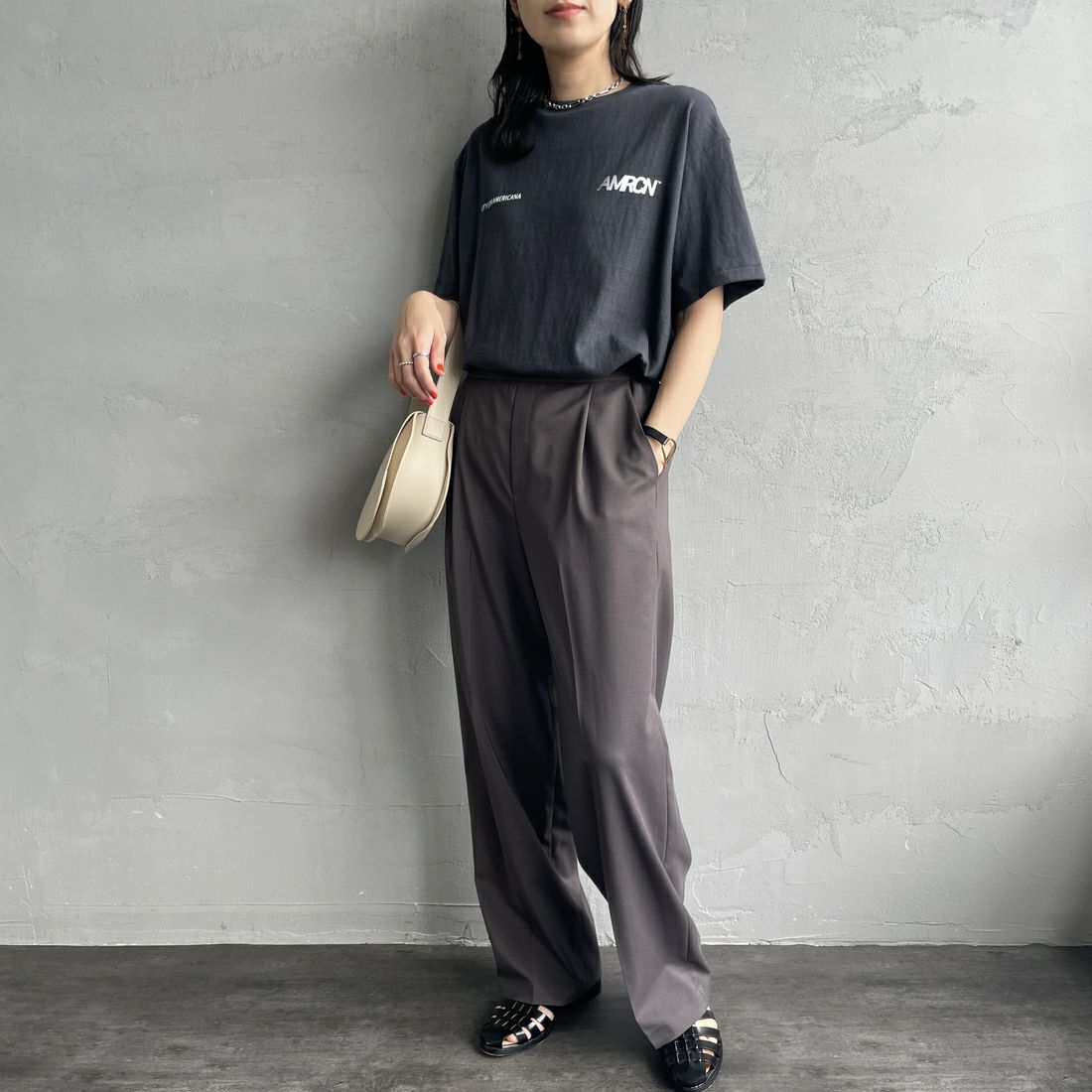 Americana [アメリカーナ] ラフィー丸胴 プリントT [BRF-750A-2] ｽﾐｸﾛ &&モデル身長：160cm 着用サイズ：ONE SIZE&&