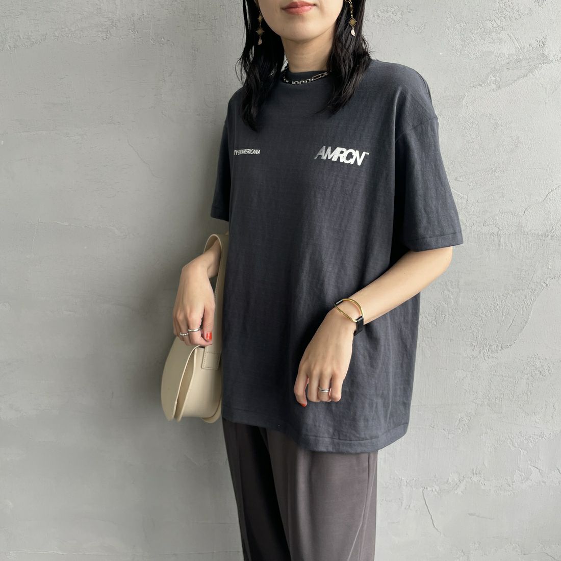 Americana [アメリカーナ] ラフィー丸胴 プリントT [BRF-750A-2] ｽﾐｸﾛ &&モデル身長：160cm 着用サイズ：ONE SIZE&&