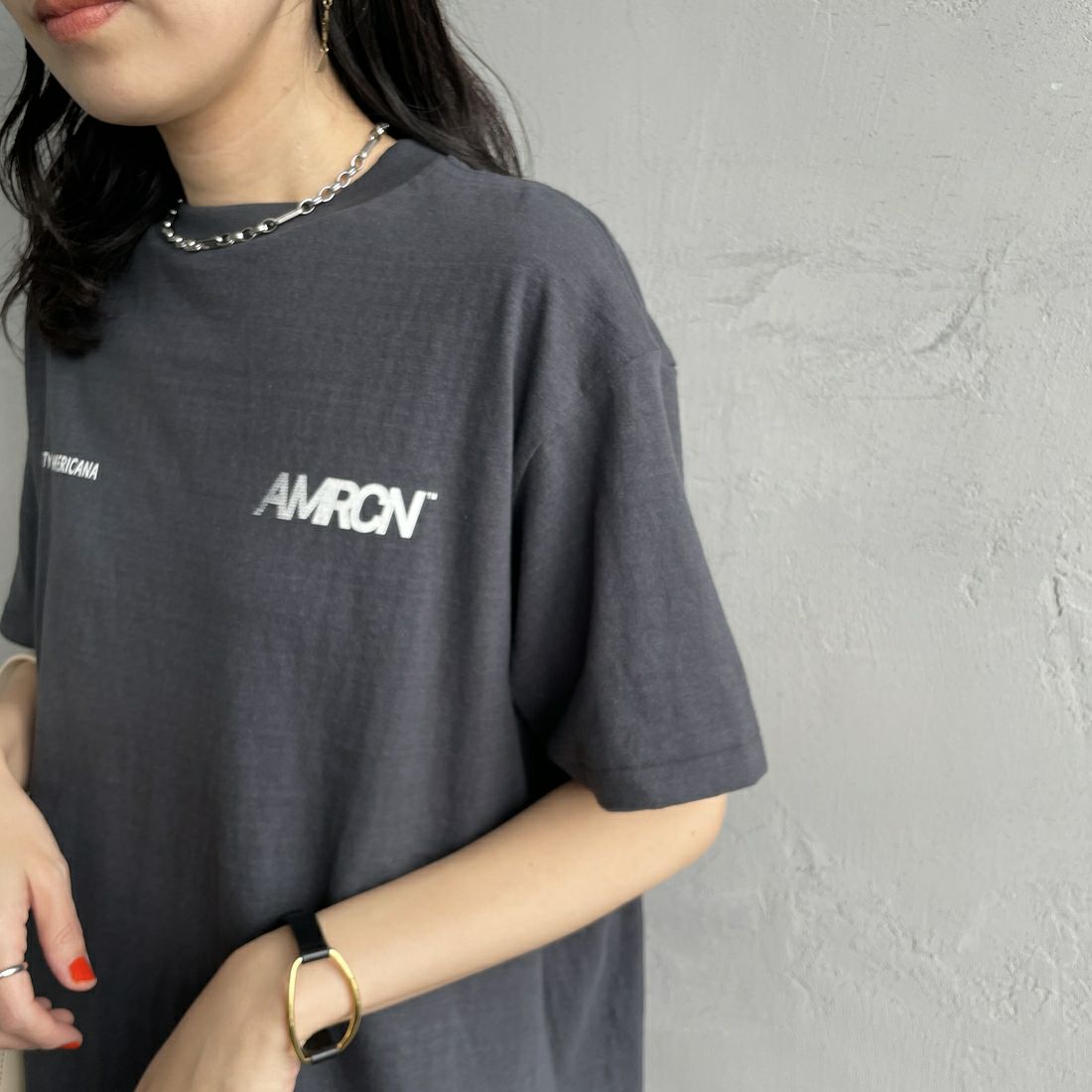 Americana [アメリカーナ] ラフィー丸胴 プリントT [BRF-750A-2] ｽﾐｸﾛ &&モデル身長：160cm 着用サイズ：ONE SIZE&&
