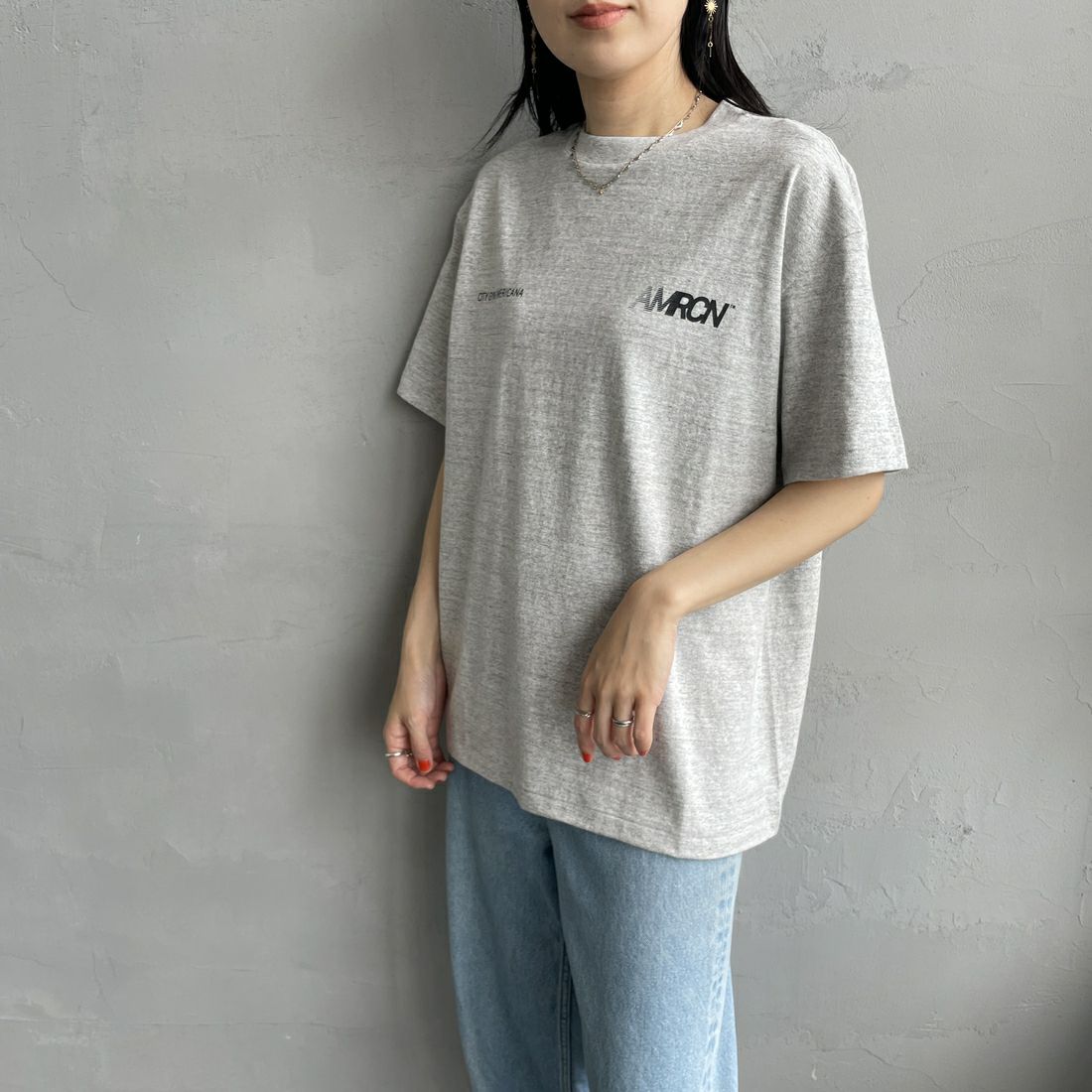 Americana [アメリカーナ] ラフィー丸胴 プリントT [BRF-750A-2] ﾓｸｸﾞﾚｰ &&モデル身長：160cm 着用サイズ：ONE SIZE&&