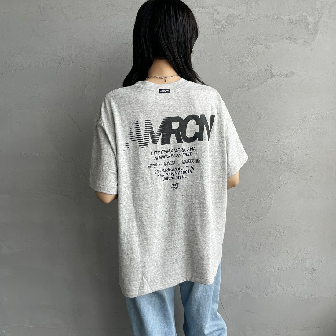 Americana [アメリカーナ] ラフィー丸胴 プリントT [BRF-750A-2] ﾓｸｸﾞﾚｰ &&モデル身長：160cm 着用サイズ：ONE SIZE&&