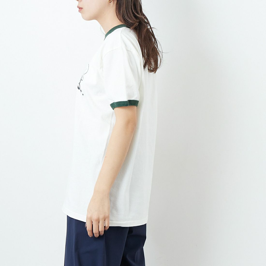 BALMYDAY'S [バルミーデイズ] CASPER リンガーTシャツ [BAL-25SS-CS11] OFF/GREEN &&モデル身長：167cm 着用サイズ：F&&