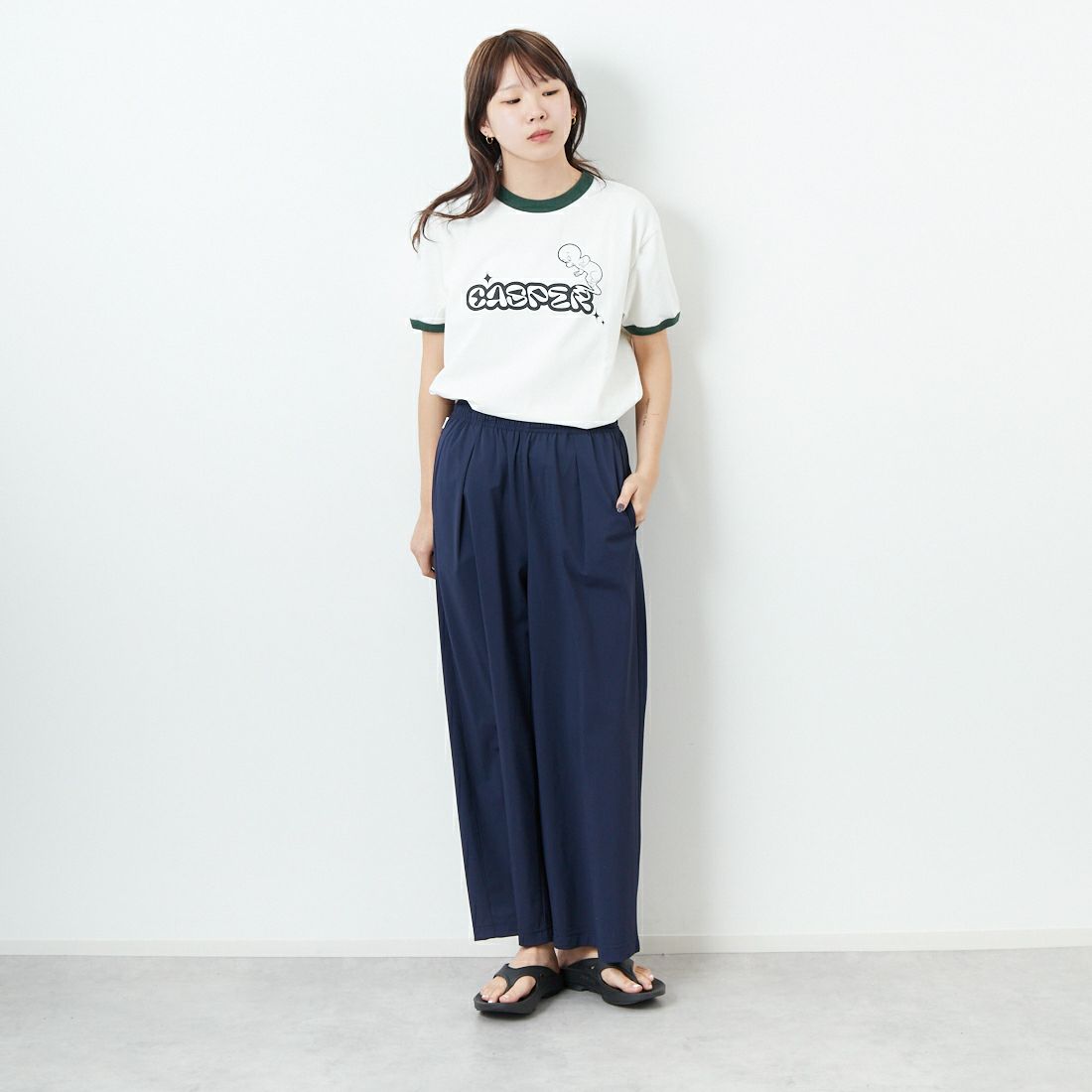 BALMYDAY'S [バルミーデイズ] CASPER リンガーTシャツ [BAL-25SS-CS11] OFF/GREEN &&モデル身長：167cm 着用サイズ：F&&