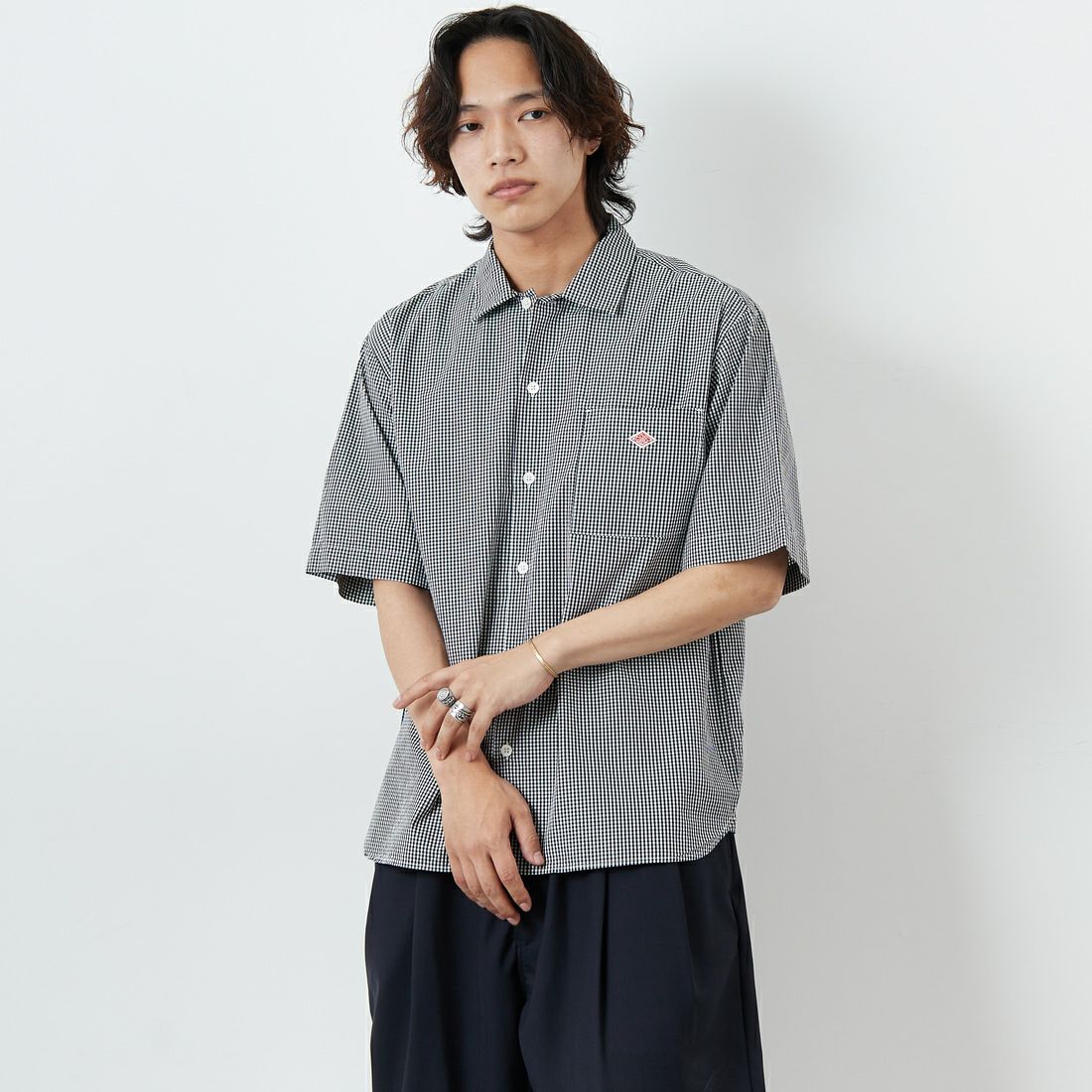 DANTON [ダントン] コットンポプリン ショートスリーブチェックワークシャツ [DT-B0049CPP] BLK GNGM &&モデル身長：179cm 着用サイズ：42&&