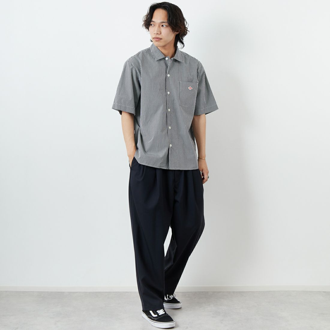 DANTON [ダントン] コットンポプリン ショートスリーブチェックワークシャツ [DT-B0049CPP] BLK GNGM &&モデル身長：179cm 着用サイズ：42&&