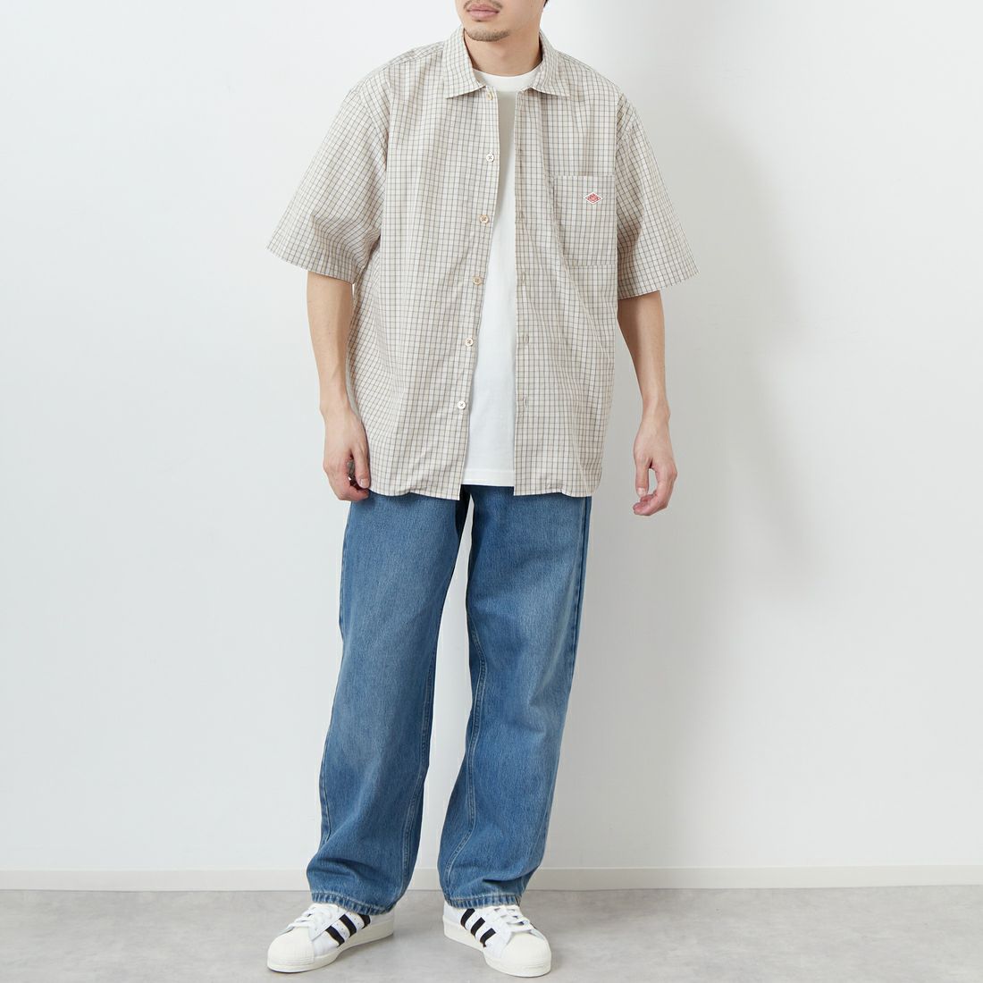 DANTON [ダントン] コットンポプリン ショートスリーブチェックワークシャツ [DT-B0049CPP] BEG/GRY CK &&モデル身長：168cm 着用サイズ：40&&