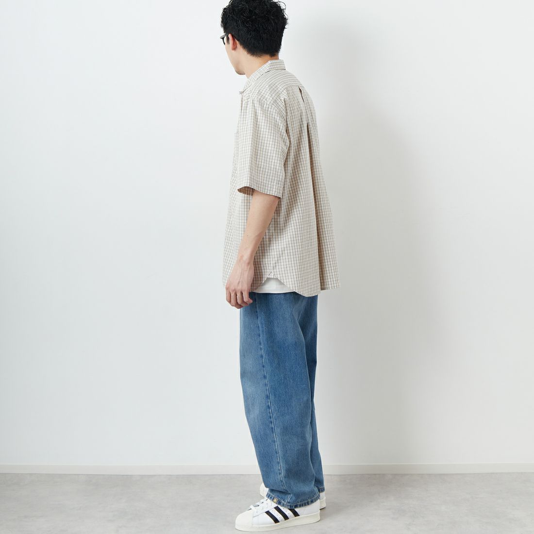 DANTON [ダントン] コットンポプリン ショートスリーブチェックワークシャツ [DT-B0049CPP] BEG/GRY CK &&モデル身長：168cm 着用サイズ：40&&