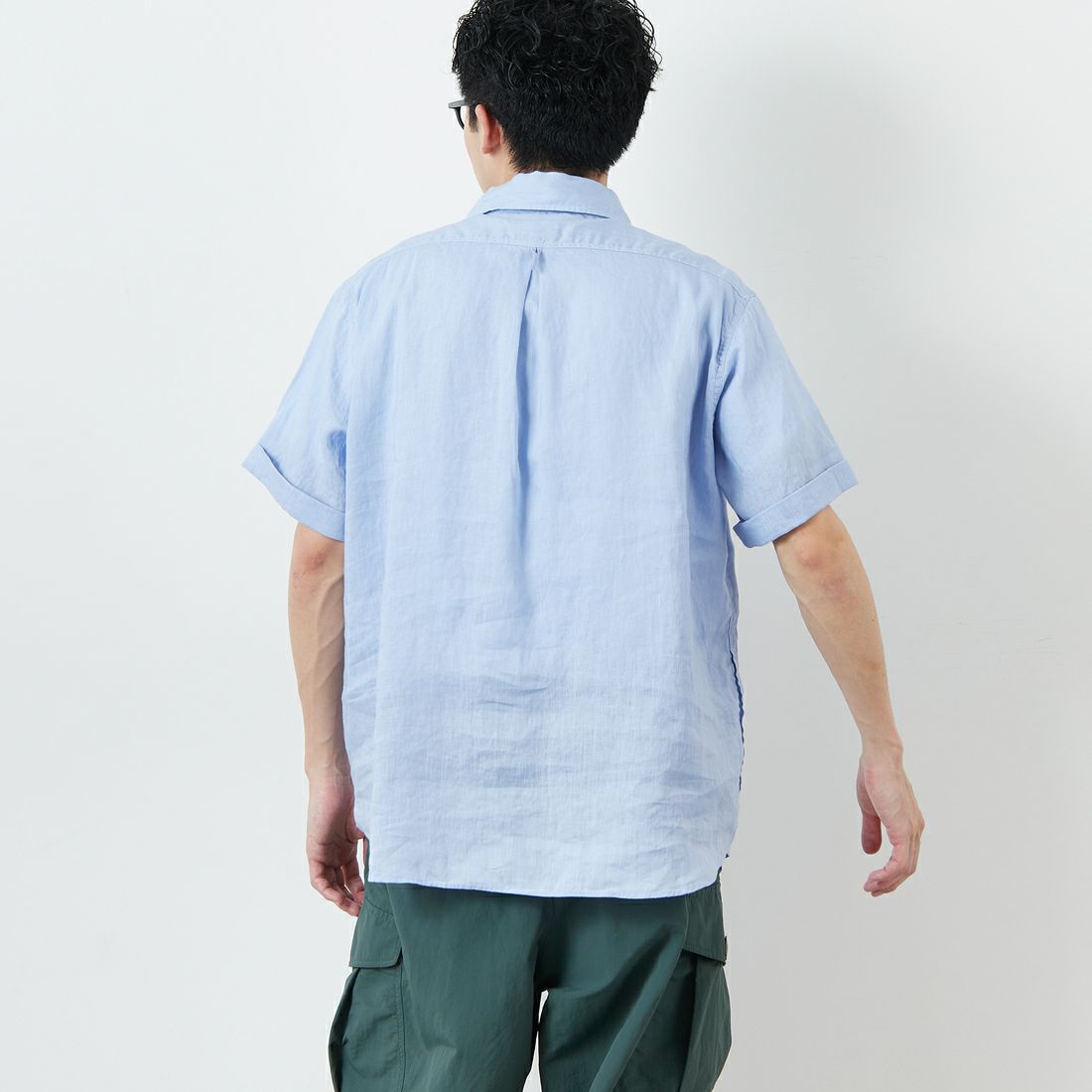 DANTON [ダントン] ラウンドカラー リネンクロスプルオーバーシャツ [DT-B0284FLI] DK.SAX &&モデル身長：168cm 着用サイズ：40&&