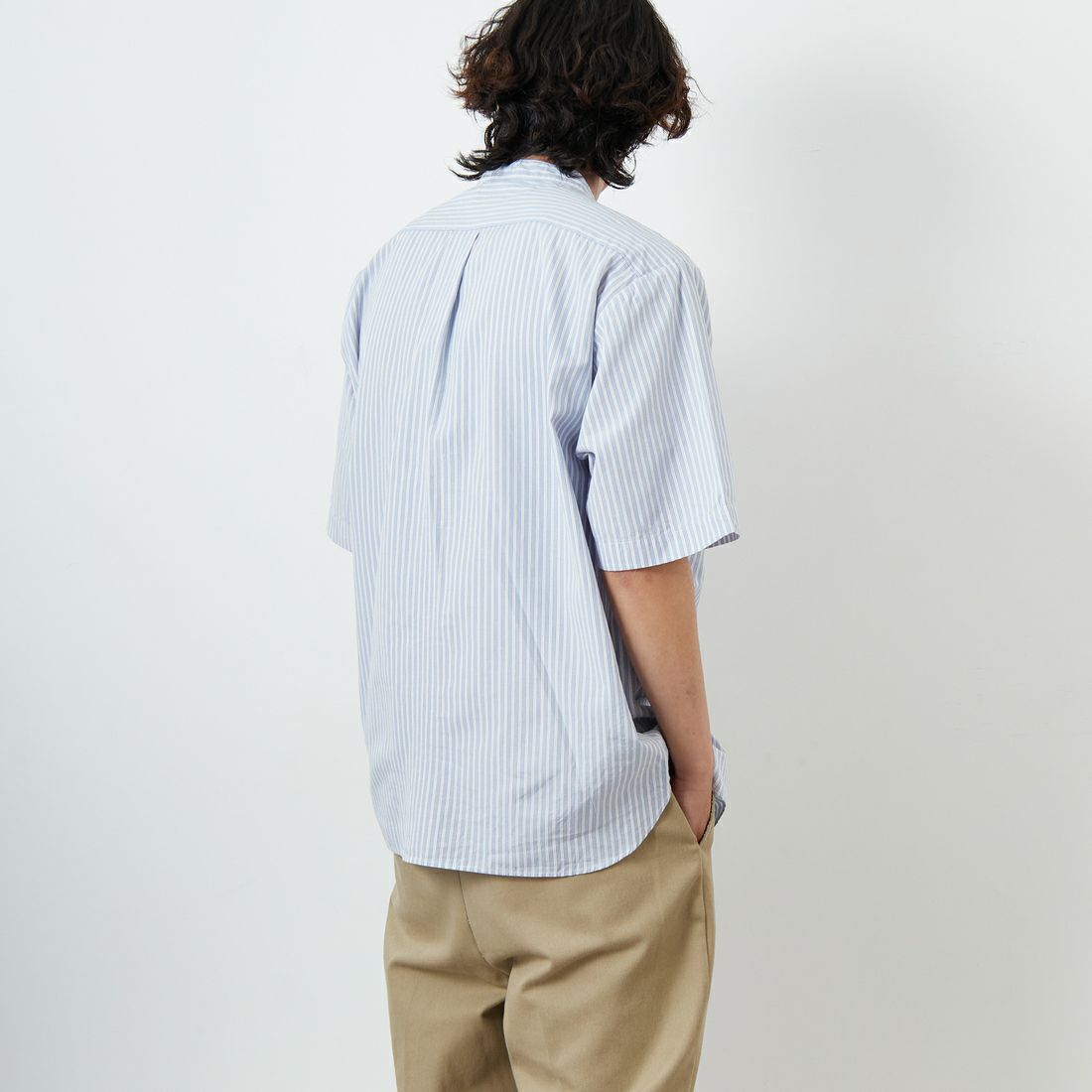 DANTON [ダントン] コットンリネン ストライプバンドカラーシャツ [JD-3788SCP] SAX/WHT ST &&モデル身長：179cm 着用サイズ：42&&