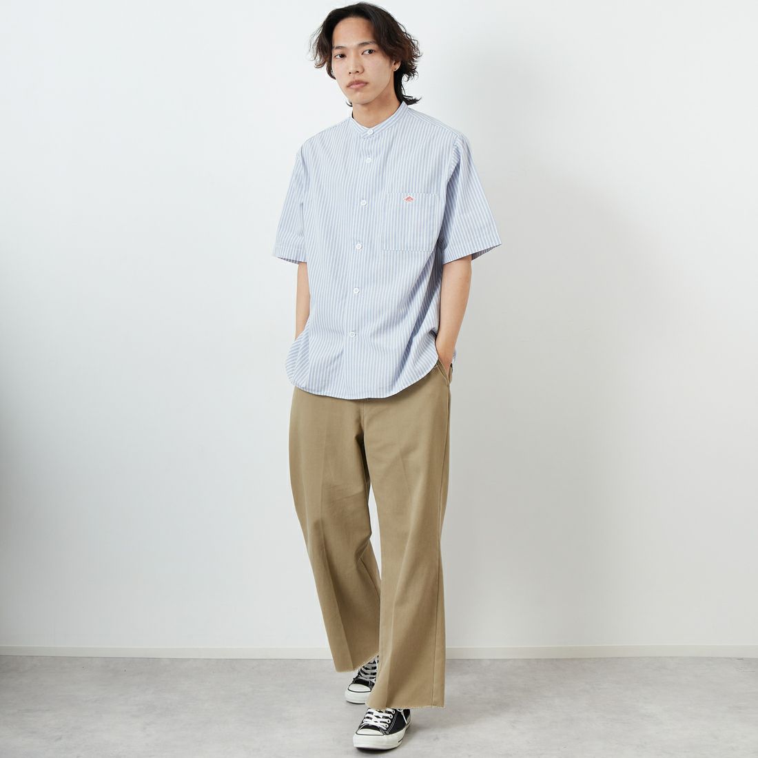 DANTON [ダントン] コットンリネン ストライプバンドカラーシャツ [JD-3788SCP] SAX/WHT ST &&モデル身長：179cm 着用サイズ：42&&