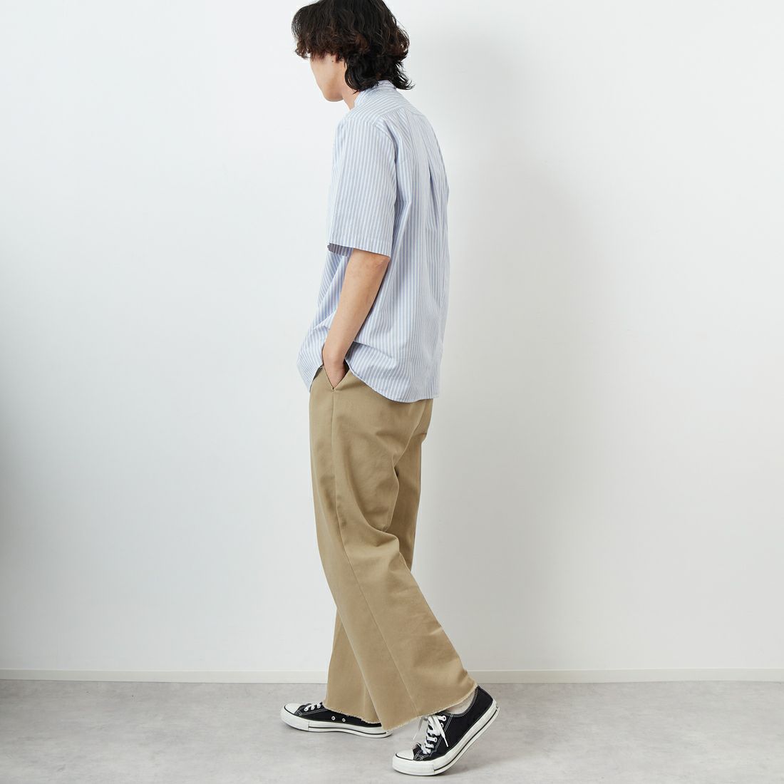 DANTON [ダントン] コットンリネン ストライプバンドカラーシャツ [JD-3788SCP] SAX/WHT ST &&モデル身長：179cm 着用サイズ：42&&