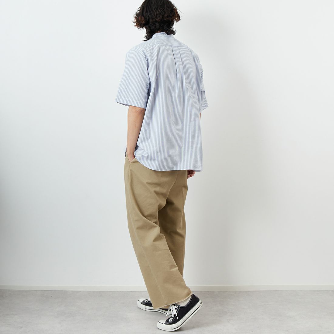 DANTON [ダントン] コットンリネン ストライプバンドカラーシャツ [JD-3788SCP] SAX/WHT ST &&モデル身長：179cm 着用サイズ：42&&