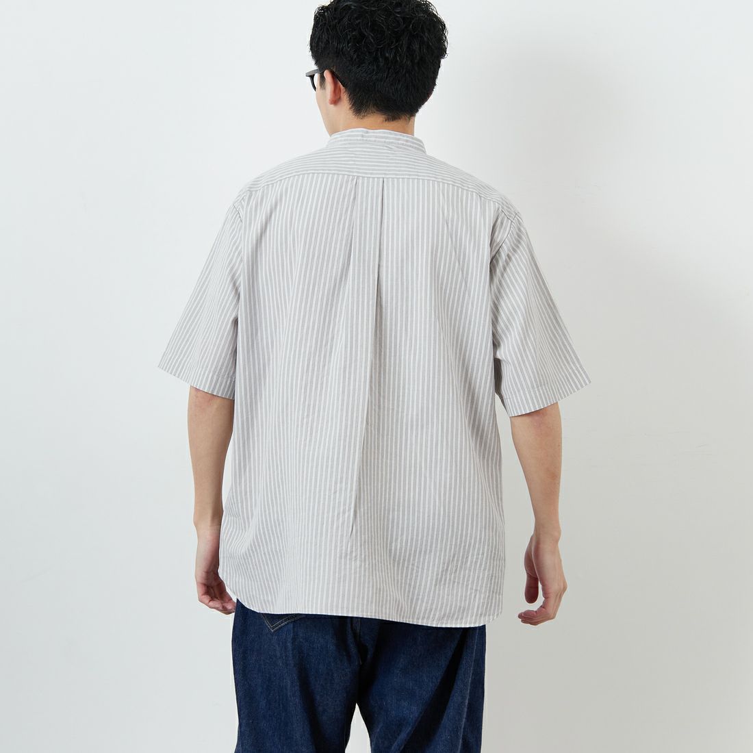 DANTON [ダントン] コットンリネン ストライプバンドカラーシャツ [JD-3788SCP] GRY/WHT ST &&モデル身長：168cm 着用サイズ：40&&