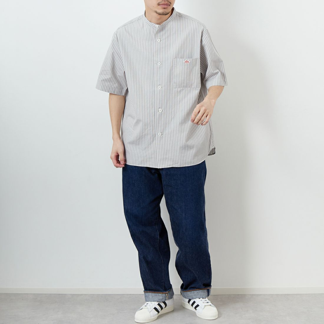DANTON [ダントン] コットンリネン ストライプバンドカラーシャツ [JD-3788SCP] GRY/WHT ST &&モデル身長：168cm 着用サイズ：40&&