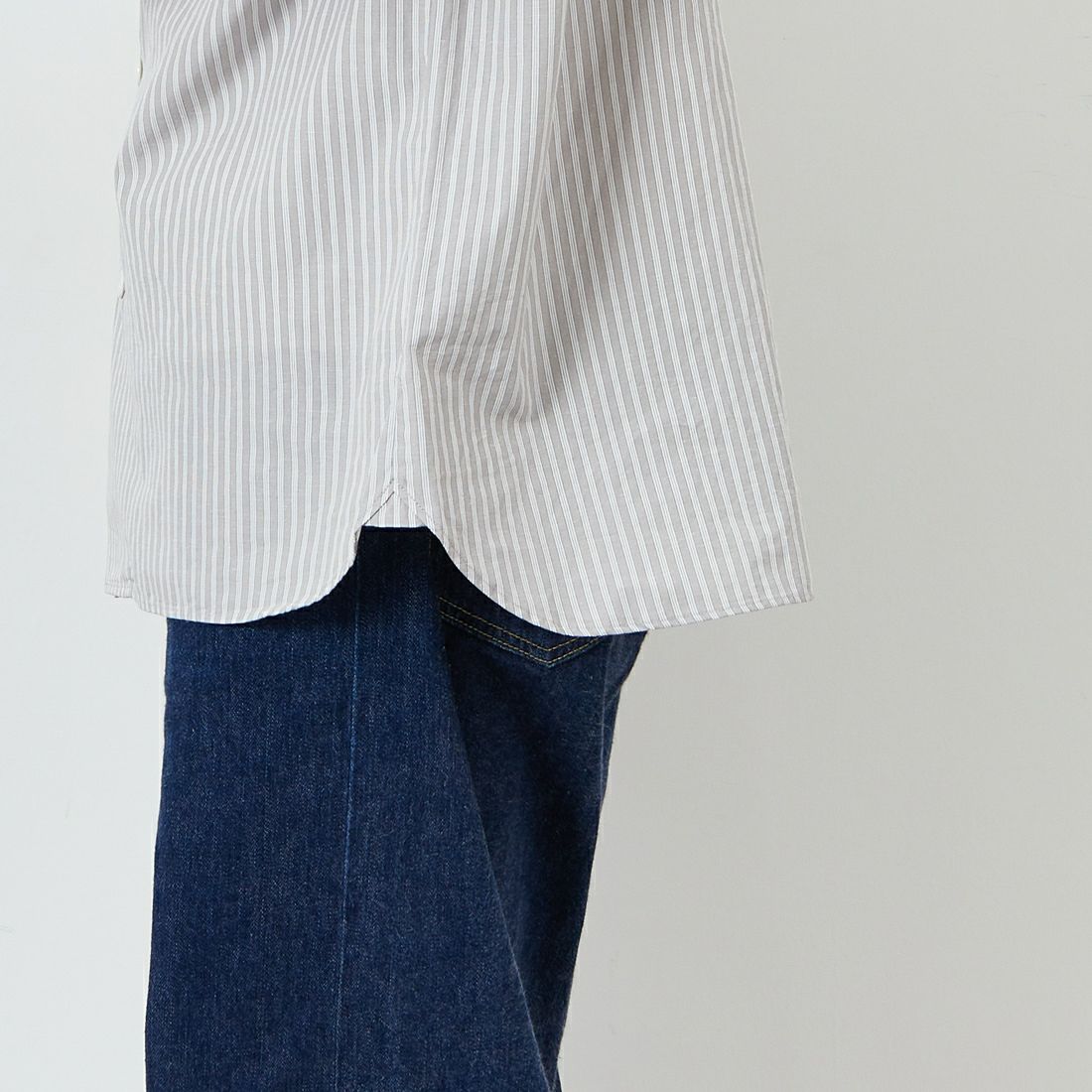 DANTON [ダントン] コットンリネン ストライプバンドカラーシャツ [JD-3788SCP] GRY/WHT ST &&モデル身長：168cm 着用サイズ：40&&