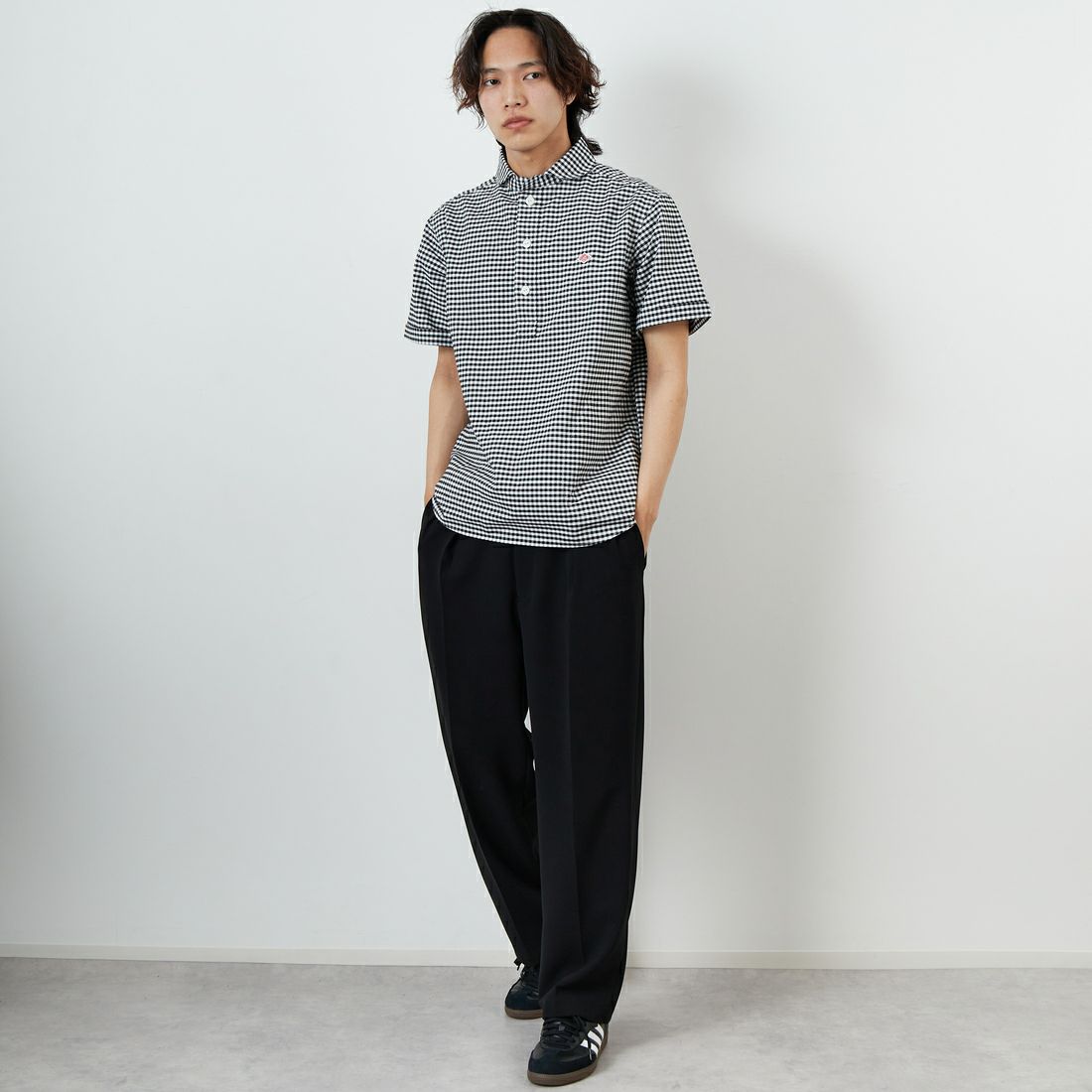 DANTON [ダントン] ラウンドカラー チェックプルオーバーシャツ [DT-B0284OXP] BK/WH GNGM &&モデル身長：179cm 着用サイズ：42&&