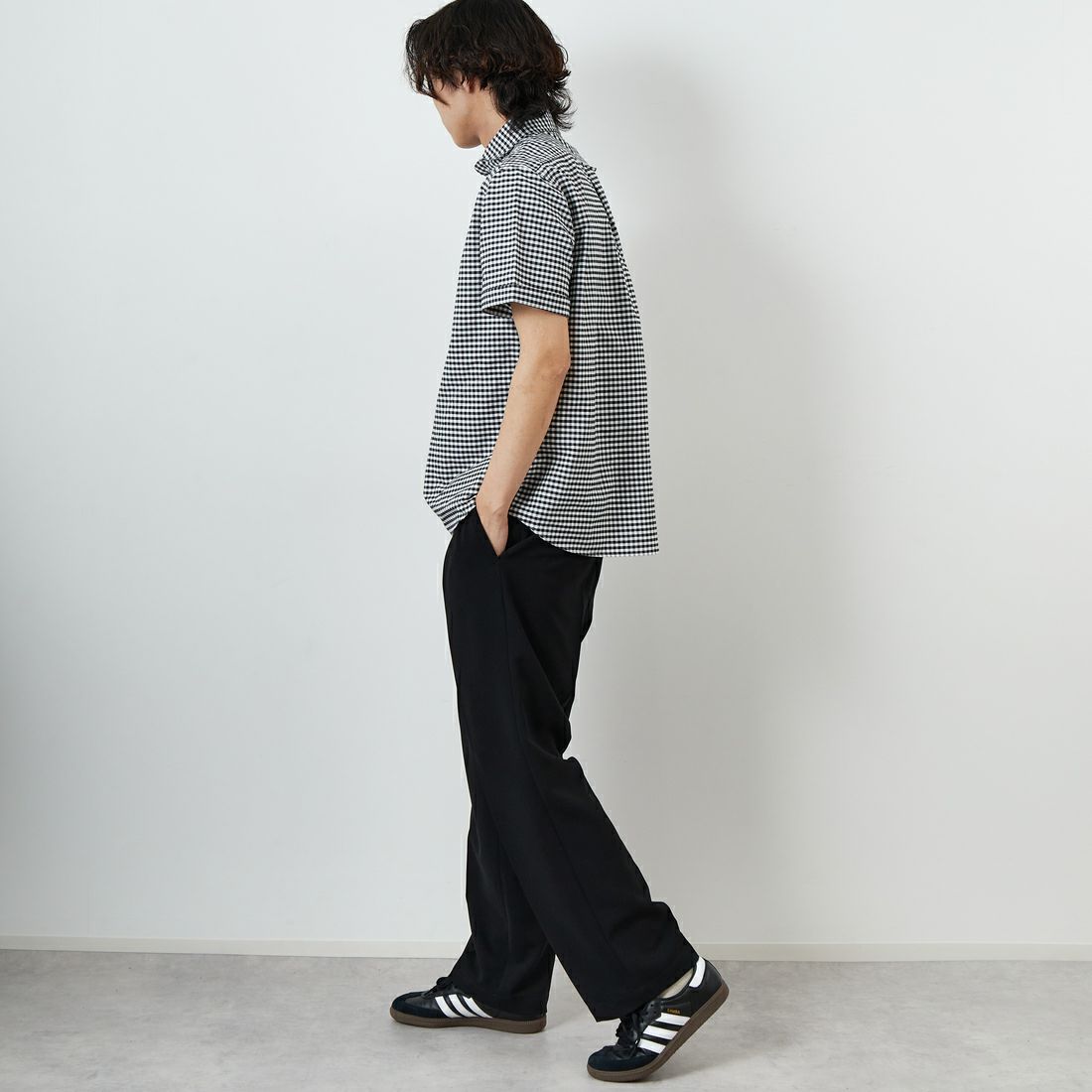 DANTON [ダントン] ラウンドカラー チェックプルオーバーシャツ [DT-B0284OXP] BK/WH GNGM &&モデル身長：179cm 着用サイズ：42&&