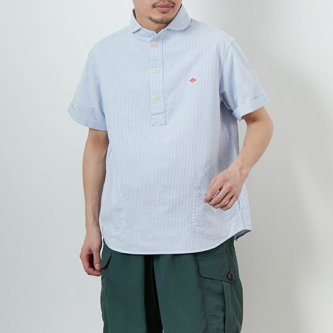 DANTON [ダントン] ラウンドカラー チェックプルオーバーシャツ [DT-B0284OXP] SAX/WHT ST &&モデル身長：168cm 着用サイズ：38&&