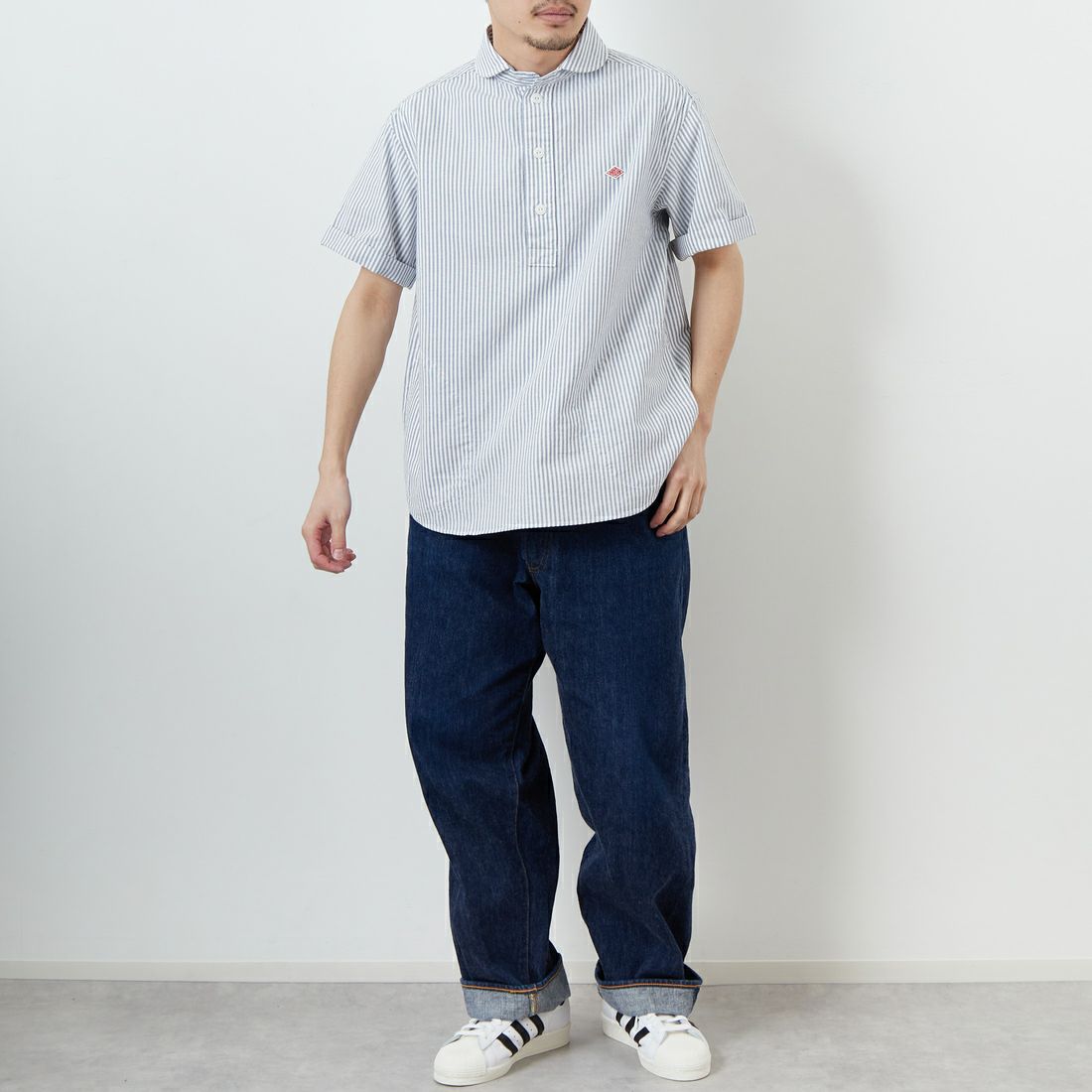 DANTON [ダントン] ラウンドカラー チェックプルオーバーシャツ [DT-B0284OXP] NVY/WHT ST &&モデル身長：168cm 着用サイズ：40&&