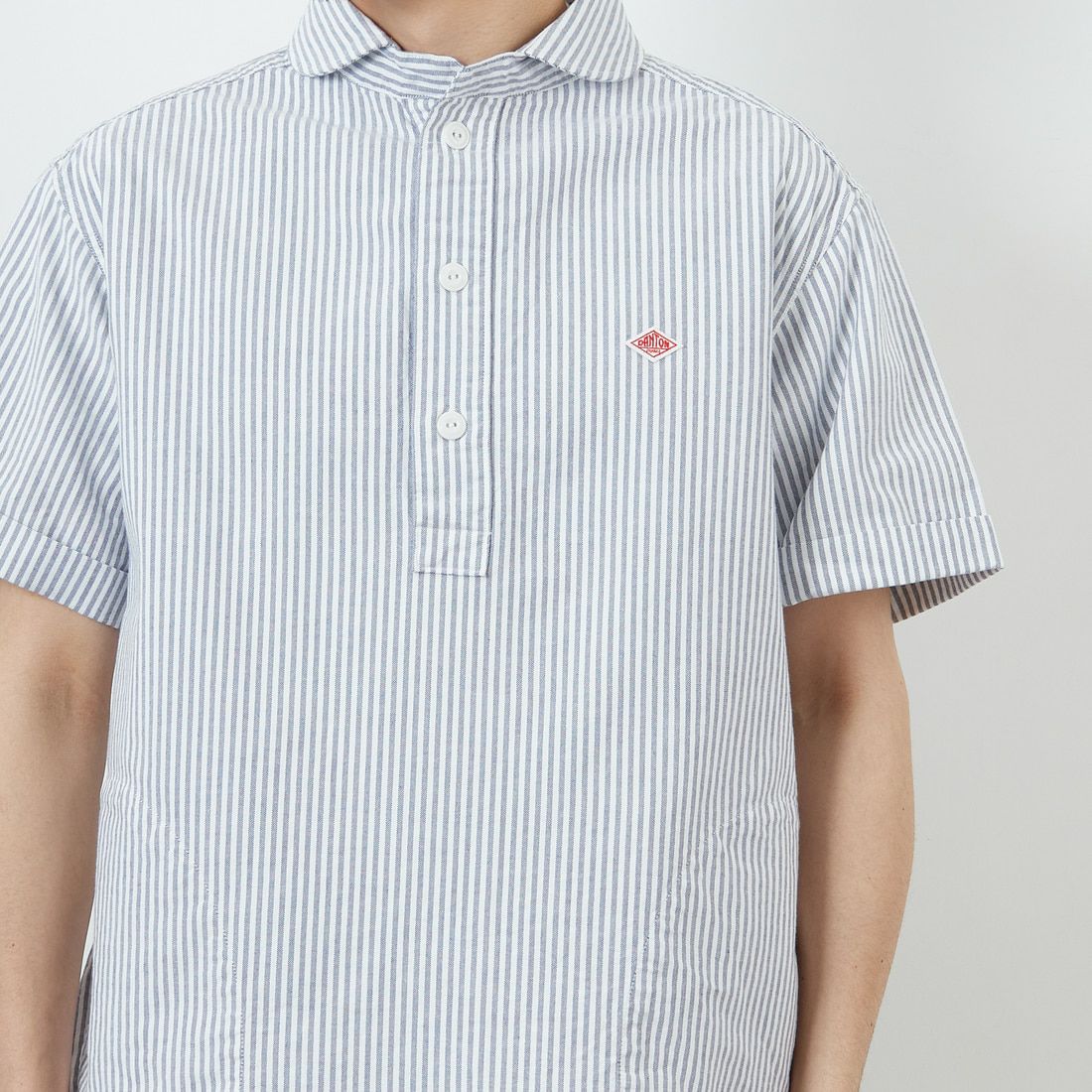 DANTON [ダントン] ラウンドカラー チェックプルオーバーシャツ [DT-B0284OXP] NVY/WHT ST &&モデル身長：168cm 着用サイズ：40&&