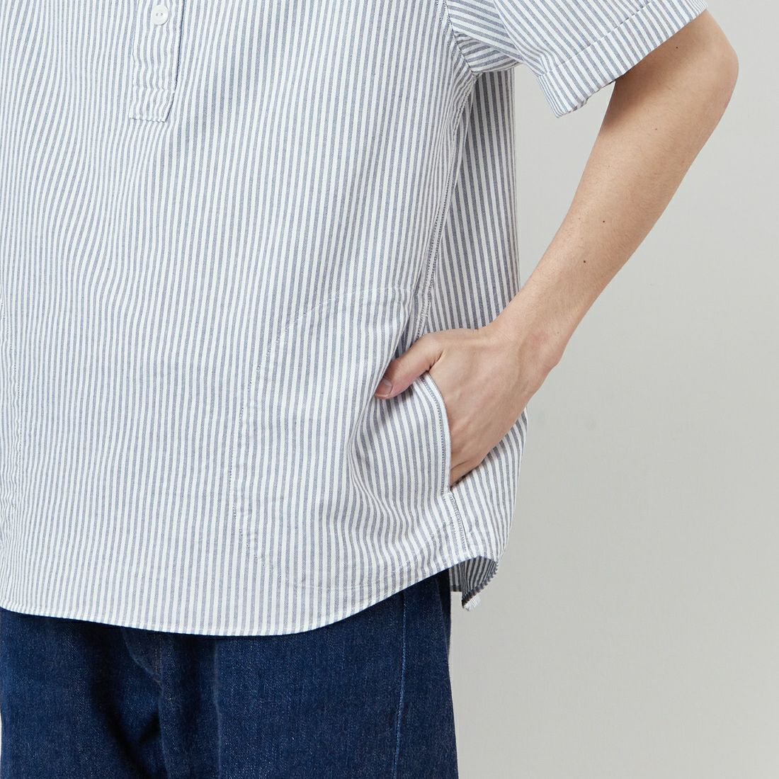 DANTON [ダントン] ラウンドカラー チェックプルオーバーシャツ [DT-B0284OXP] NVY/WHT ST &&モデル身長：168cm 着用サイズ：40&&